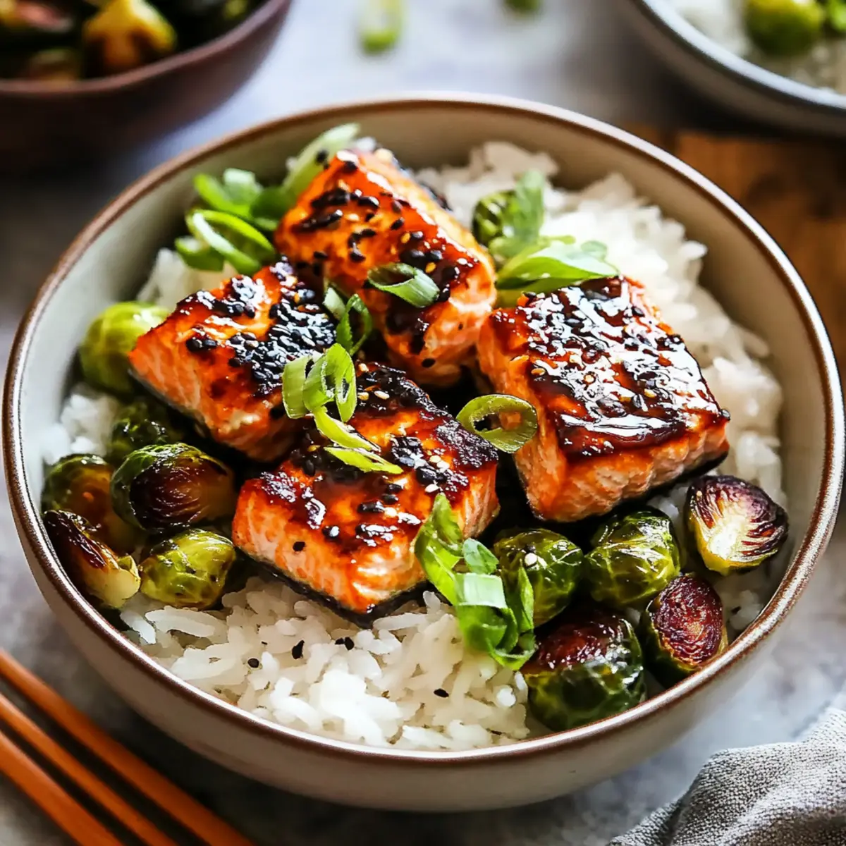 Teriyaki Salmon Bowls with Crispy Brussels Sprouts
